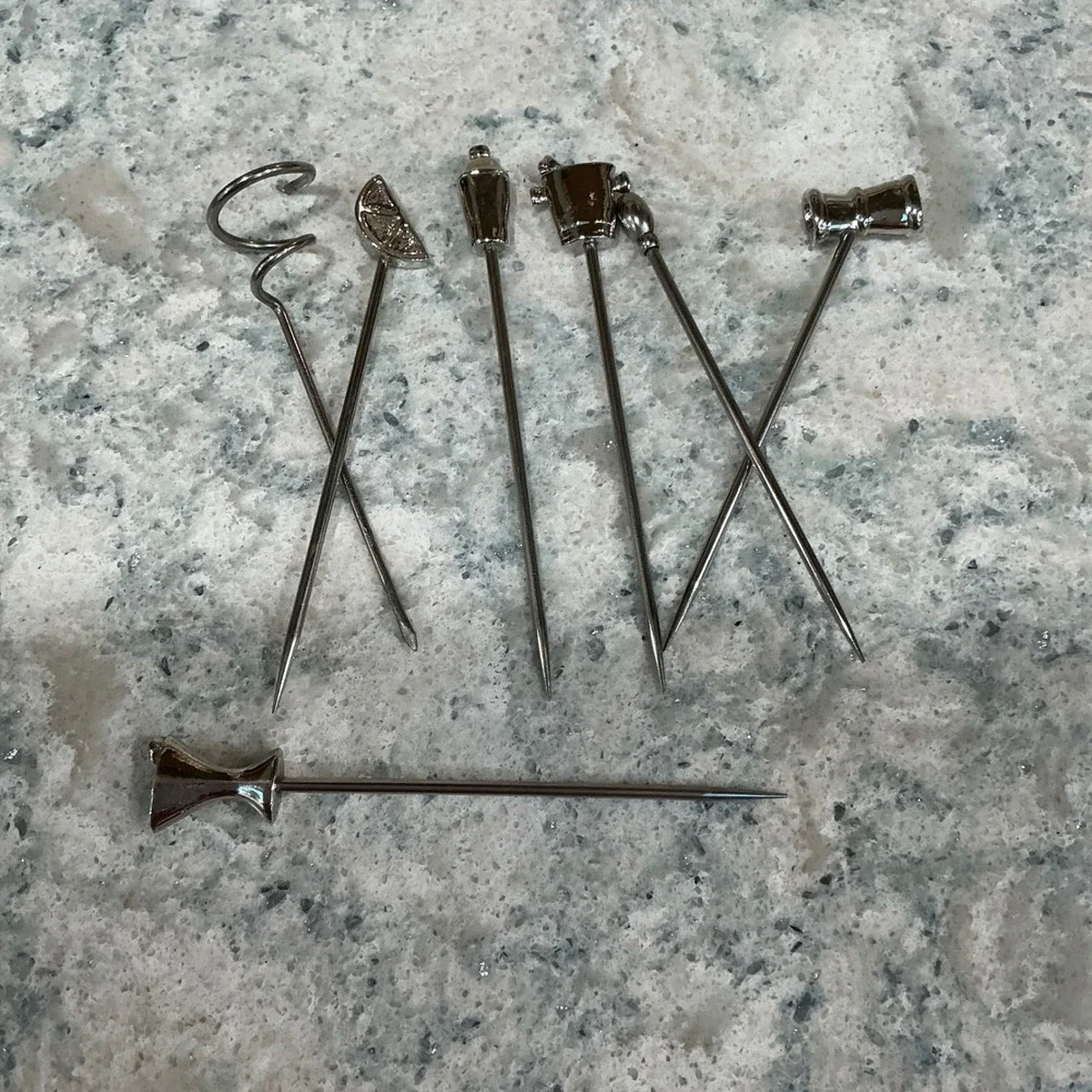 Cocktail Picks 7pc Set 4in Silver Metal Barware Garnish Skewers